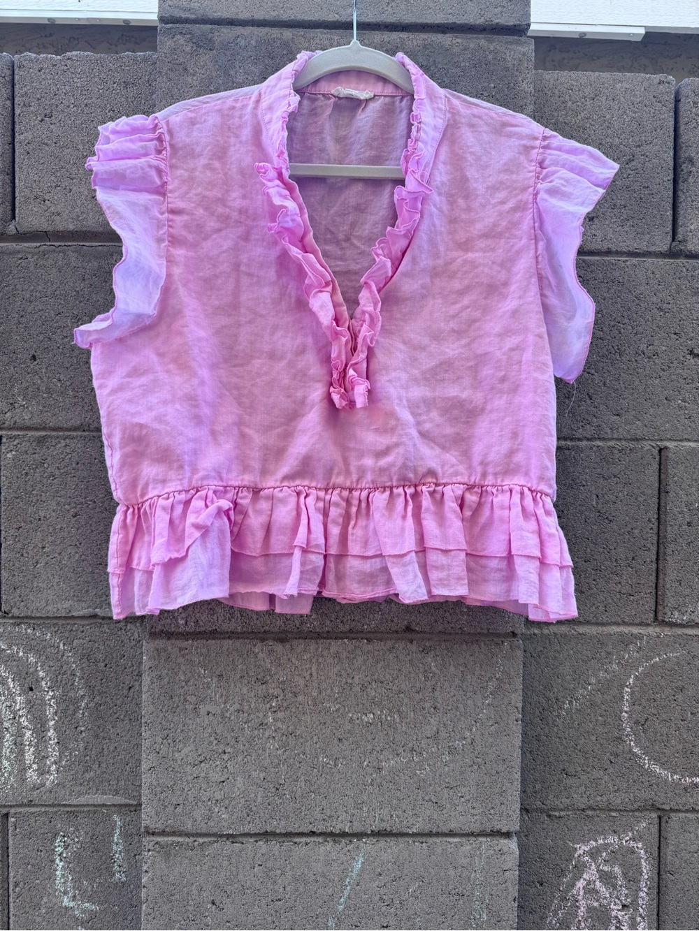 a loves a Ruffled boxy Pink Linen-Feel Ramie Sleeveless Blouse XL